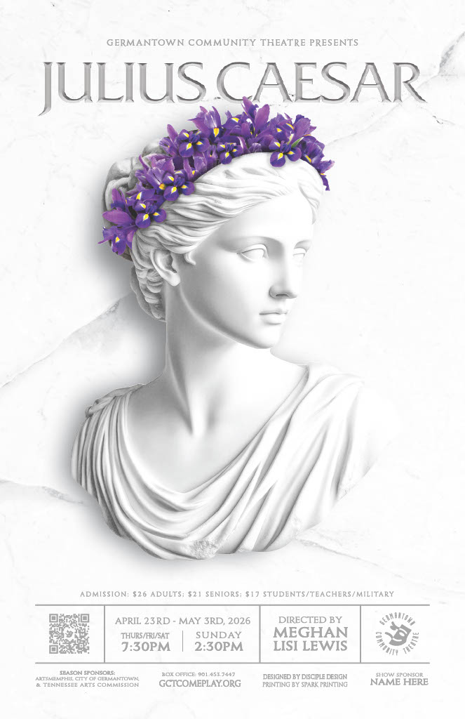 Julius Caesar Poster. Marble statue of a woman with a purple wreath of flowers.